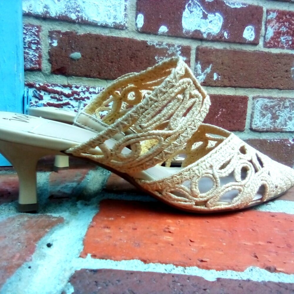 IMPO Slide on, Macrame/Crochet Mule 8.5 Handmade Natural Up. Blush Patent Heel